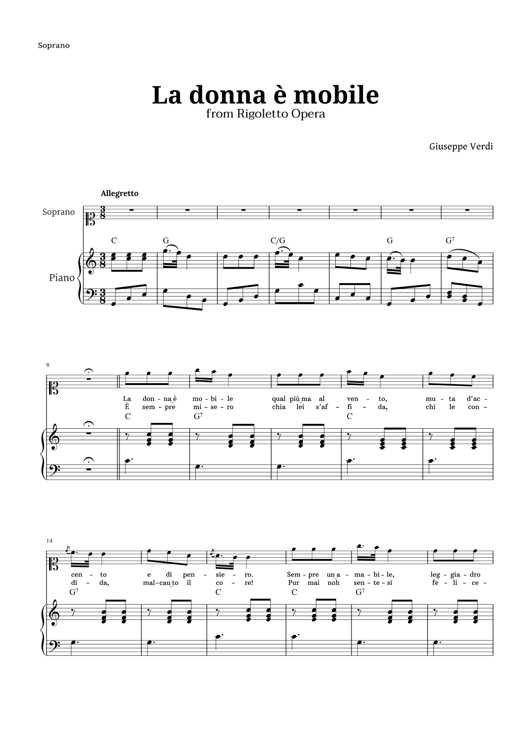 La donna è mobile in C major for Soprano and Piano (arr. Langanho)