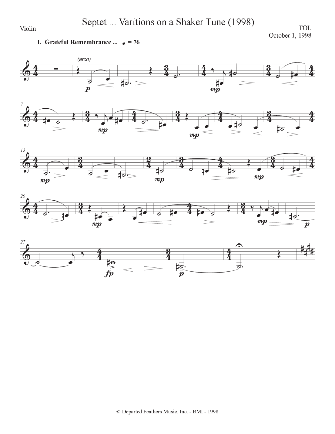 septet, opus 77 ... Variations on a Shaker Tune (1998) Violin part