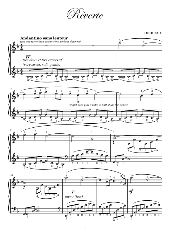Reverie by Debussy - Self Learning Series with note names, finger numbers and meanings of terms (arr. Teacher Valarie)
