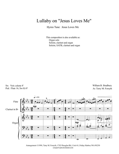 "Jesus Loves Me", lullaby - soloist, flute, clarinet, organ (arr. Terry M. Forsyth)