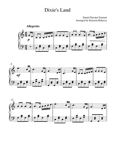 Dixie's Land (for piano solo with chords) (arr. Kaiserin Rebecca)