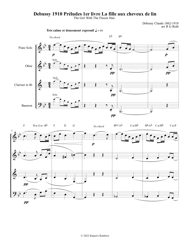 Debussy Prelude Girl With Flaxen Hair Woodwind Quartet (arr. R G Roth)