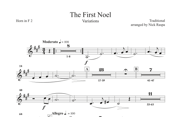 The First Noel (Variations for Full Orchestra) Horn in F 2 part (arr. Nick Raspa)