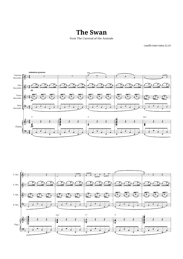 The Swan by Saint-Saëns for Recorder Quartet and Piano with Chords (arr. Langanho)