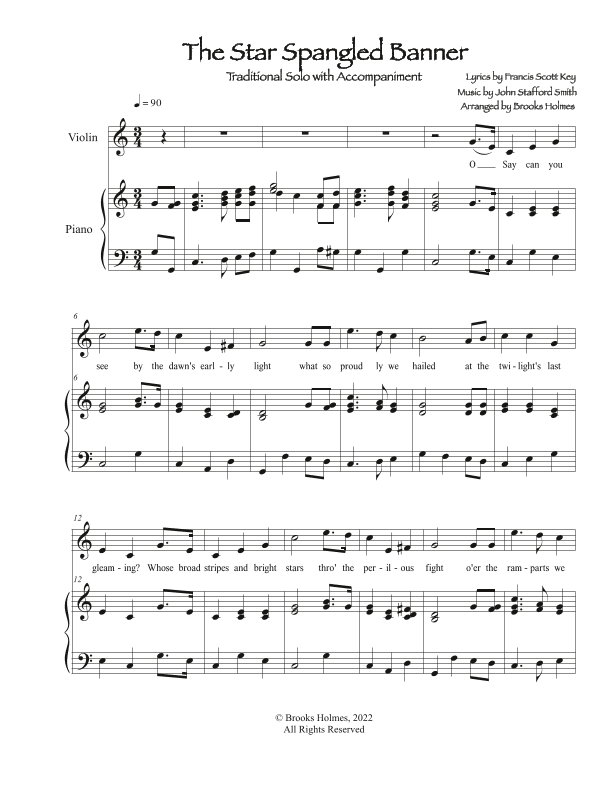 "Star Spangled Banner" Violin Solo with Piano in C (arr. Brooks Holmes)