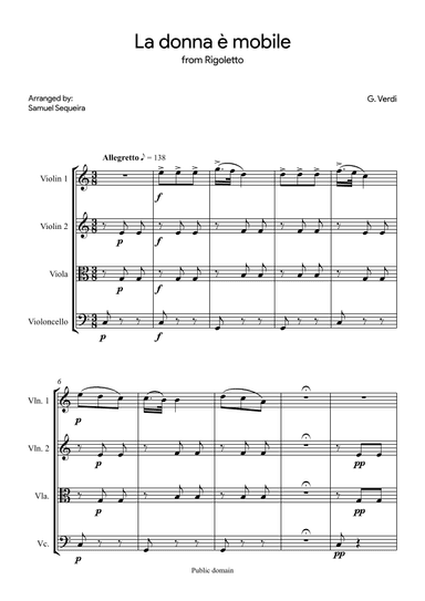 La donna è mobile - Strings Quartet (2 Violins; Viola; Cello) (arr. Samuel Sequeira)