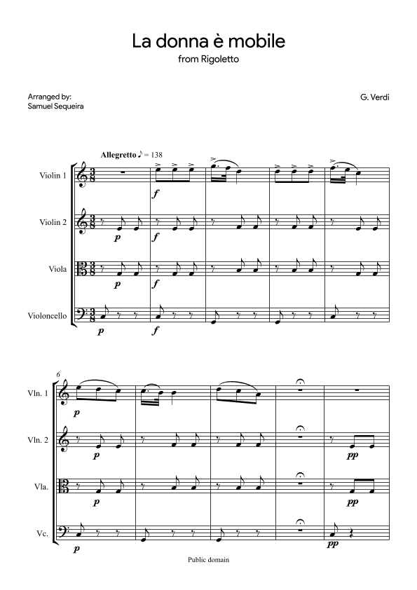 La donna è mobile - Strings Quartet (2 Violins; Viola; Cello) (arr. Samuel Sequeira)