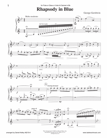 Rhapsody in Blue for Flute or Oboe or Violin & Clarinet Duet - Music for Two (arr. Daniel Kelley)