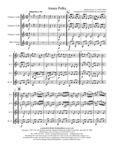 Annen Polka, Op. 117 (Clarinet Quartet) (arr. Joel Jacklich (ASCAP))