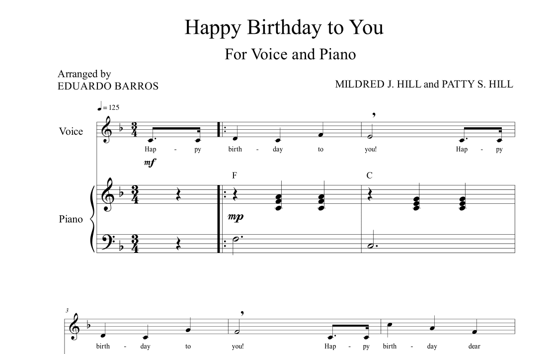 Happy Birthday to You (For Voice with Piano accompaniment) (arr. Eduardo Barros)
