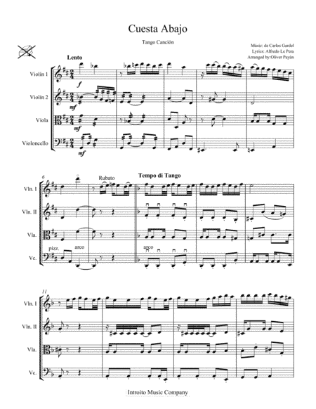 Cuesta Abajo Tango for String Quartet (arr. Oliver Payán)