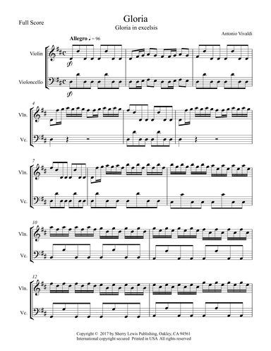 GLORIA IN EXCELSIS, Vivaldi String Duo, Intermediate Level for violin and cello (arr. Sherry Lewis)
