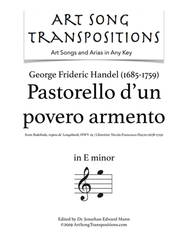 HANDEL: Pastorello d'un povero armento (transposed to E minor) (arr. ArtSongTranspositions.com)