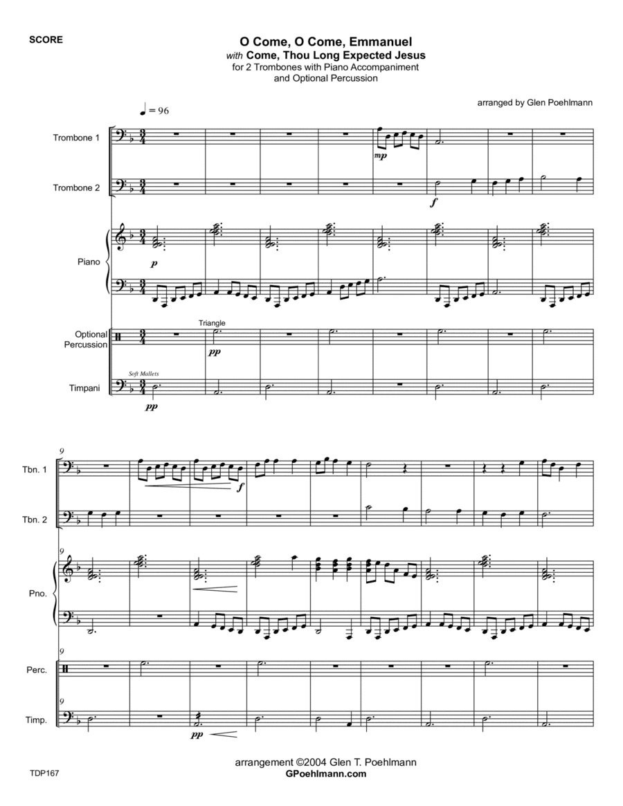 O COME O COME EMMANUEL/COME THOU LONG-EXPECTED JESUS - TROMBONE DUET with Piano & optional Percussio (arr. Glen Poehlmann)