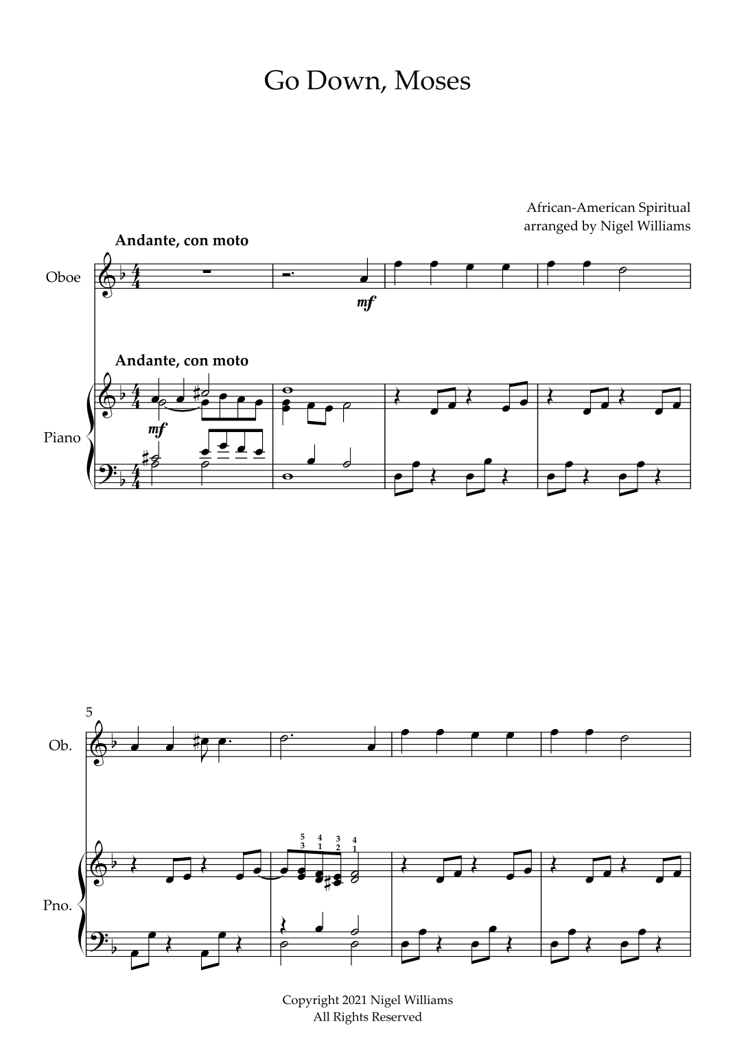 Go Down, Moses, for Oboe and Piano (arr. Nigel Williams)