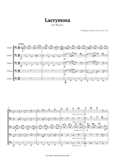 Lacrymosa by Mozart for Cello Quintet (arr. Ander)