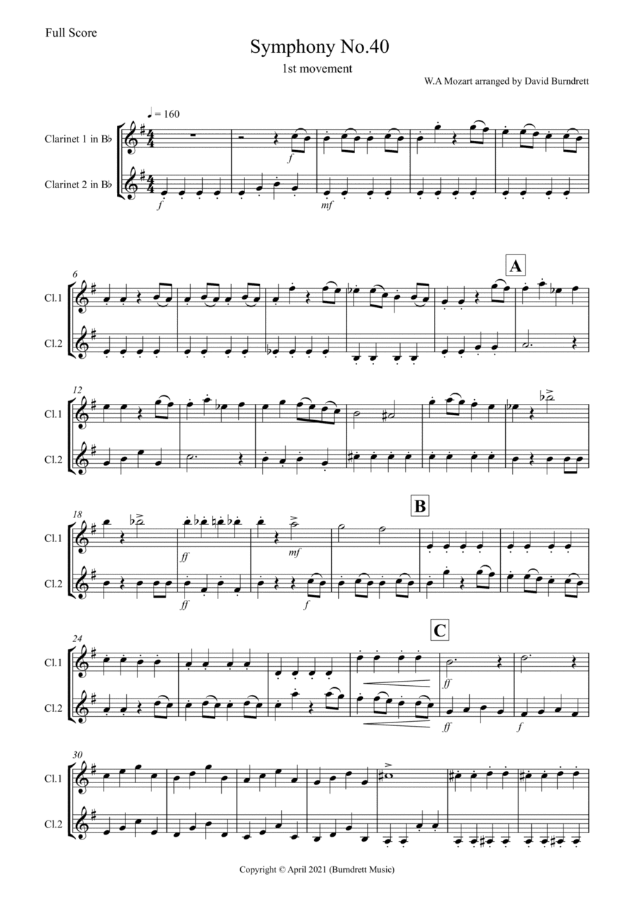 Symphony No.40 (1st movement) for Clarinet Duet (arr. David Burndrett)