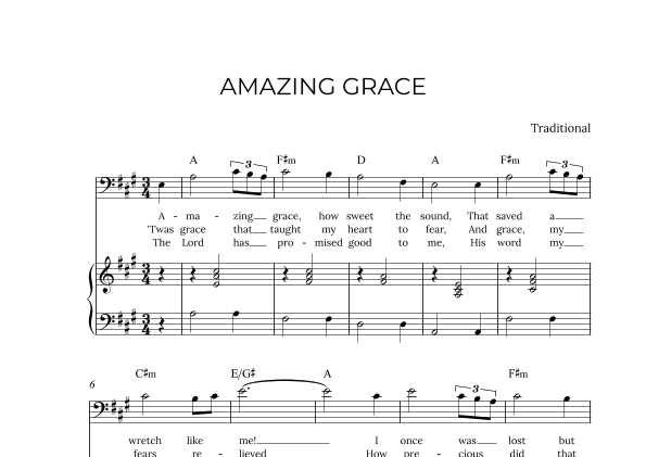AMAZING GRACE - for piano and baritone in A major with chords (arr. Alex Nunes Rodrigues)