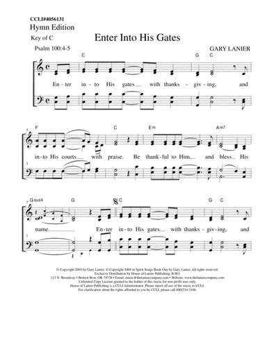 ENTER INTO HIS GATES, Worship Hymn Sheet (Includes Melody, Lyrics, 4 Part Harmony & Chords)