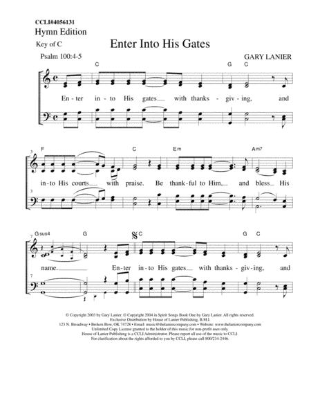 ENTER INTO HIS GATES, Worship Hymn Sheet (Includes Melody, Lyrics, 4 Part Harmony & Chords)