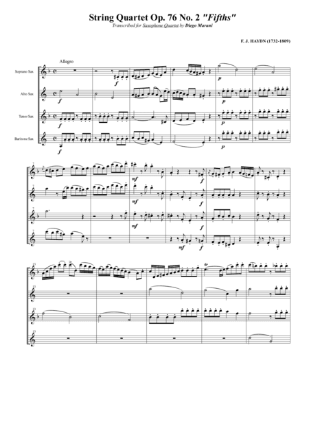 String Quartet Op. 76 No. 2 "Fifths" for Saxophone Quartet (SATB) (arr. Diego Marani)