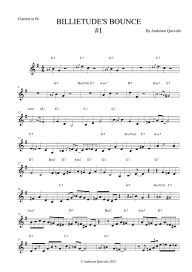 Billietude's Bounce #1 for Clarinet in Bb - Easy Intermediate Blues/Jazz Original Etude