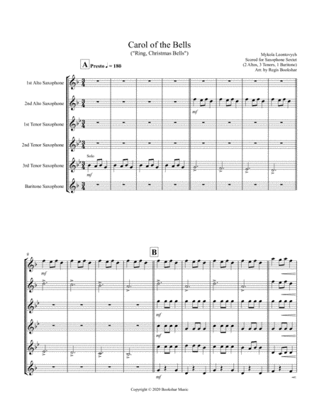 Carol of the Bells (F min) (Saxophone Sextet - 2 Alto, 3 Ten, 1 Bari) (arr. Regis Bookshar)