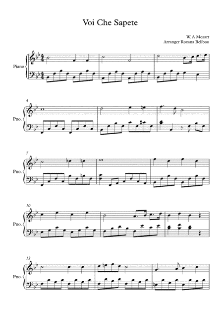 Voi Che Sapete by Mozart Piano (arr. Roxana Belibou)