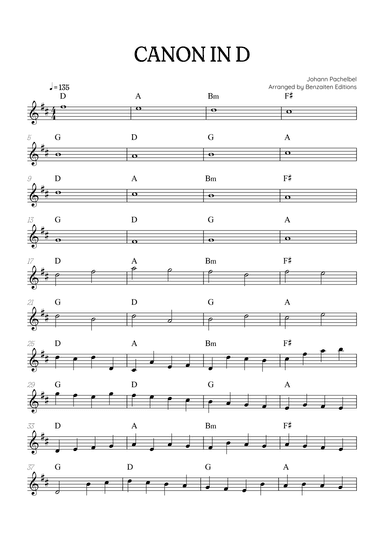 Pachelbel Canon in D • flute sheet music with chords (arr. Benzaiten Editions)