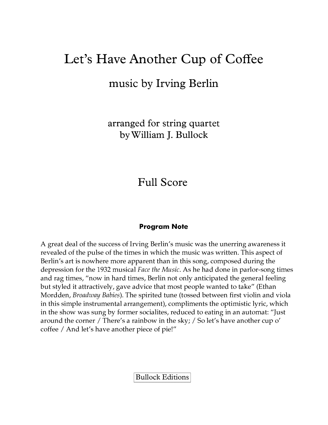 Let's Have Another Cup Of Coffee (arr. William J. Bullock)