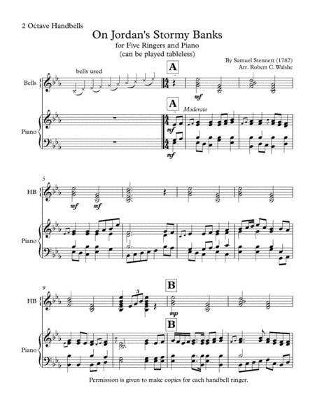 On Jordan's Stormy Banks (tableless option) 2 octave Bells-5 ringers and Piano or Keyboard (TL) (arr. Robert C. Walshe (rcwalshe@gmail.com))