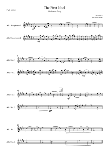 The First Noel (Christmas Song) for Alto Saxophone Duo (arr. Fabio Britto)