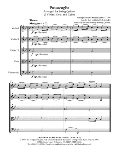 Passacaglia in g minor for String Quintet (3 Violins, Viola, and Cello) (arr. Joel Jacklich (ASCAP))