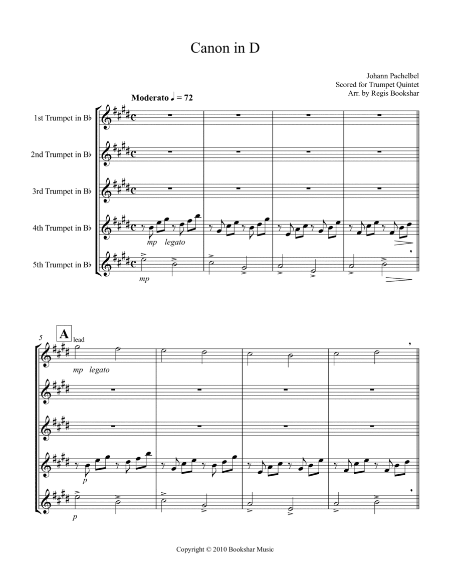 Canon in D (Pachelbel) (D) (Trumpet Quintet) (arr. Regis Bookshar)