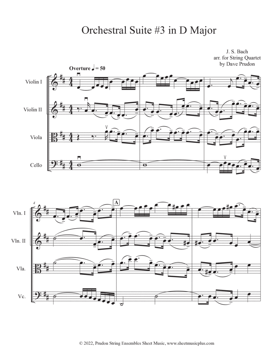 Bach Orchestral Suite #3 in D (Overture) for String Quartet (arr. Dave Prudon)
