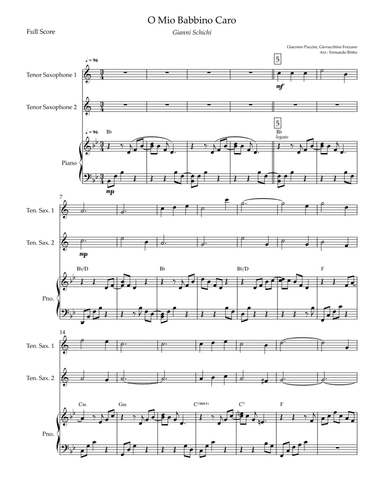 O Mio Babbino Caro (Puccini) for Tenor Saxophone Duo and Piano Accompaniment with Chords (arr. Fernando Britto)