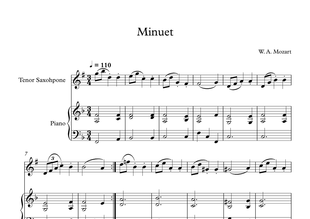 Minuet (In F Major) - Wolfgang Amadeus Mozart (Tenor Sax + Piano) (arr. Digital Book Music)