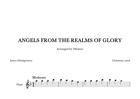 Angels from the realms of glory in F Flute Easy Christmas carol (arr. Milanov)
