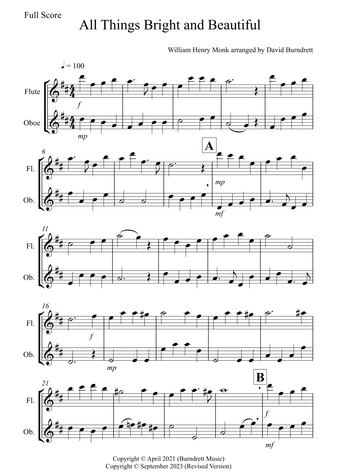 All Things Bright and Beautiful for Flute and Oboe Duet (arr. David Burndrett)