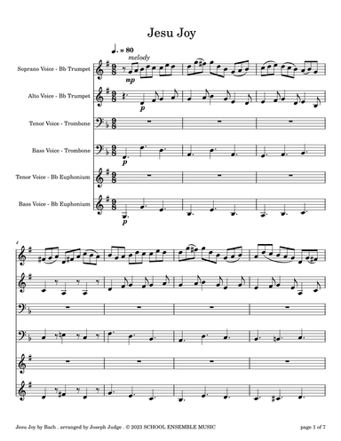 Jesu Joy by Bach for Brass Quartet in Schools (arr. Joseph Judge)