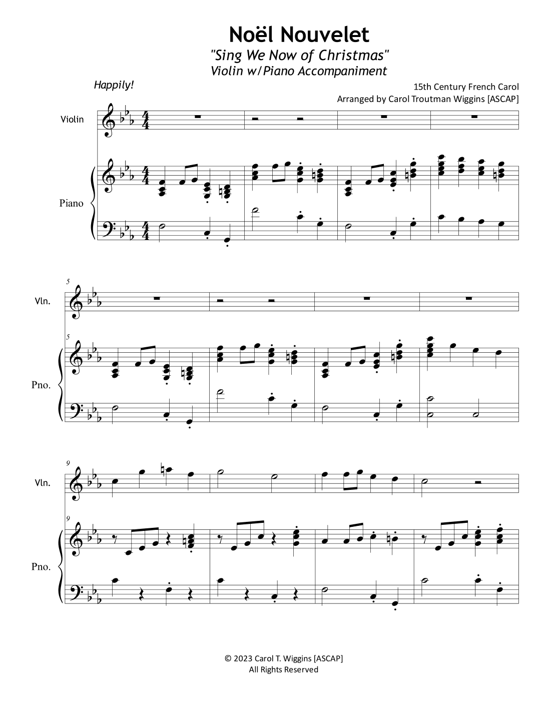 Noël Nouvelet (Sing We Now of Christmas) for Violin w/Piano Accompaniment (arr. Carol Troutman Wiggins)
