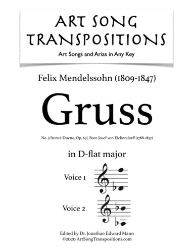 MENDELSSOHN: Gruss, Op. 63 no. 3 (transposed to D-flat major) (arr. ArtSongTranspositions.com)