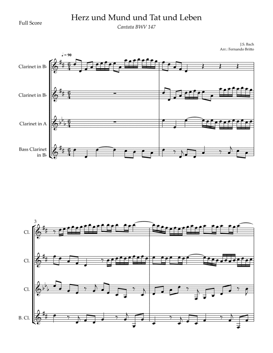Cantata Herz und Mund und Tat und Leben (J.S. Bach BWV 147) for Clarinet Quartet (arr. Fernando Britto)