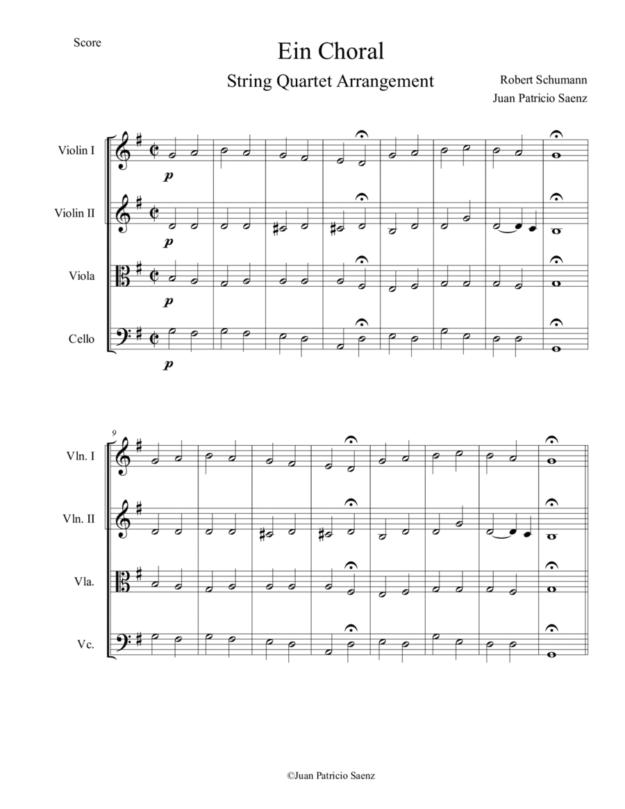 Schumann, R: Album for the Young - Ein Choral - Intermediate String Quartet Arrangement (arr. Juan Patricio Saenz)