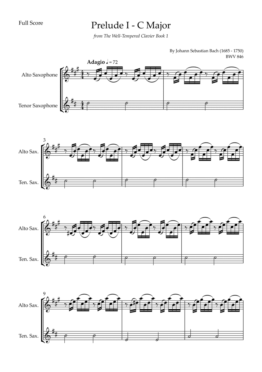 Prelude 1 in C Major BWV 846 (from Well-Tempered Clavier Book 1) for Alto Saxophone & Tenor Saxophon (arr. Fabio Britto)