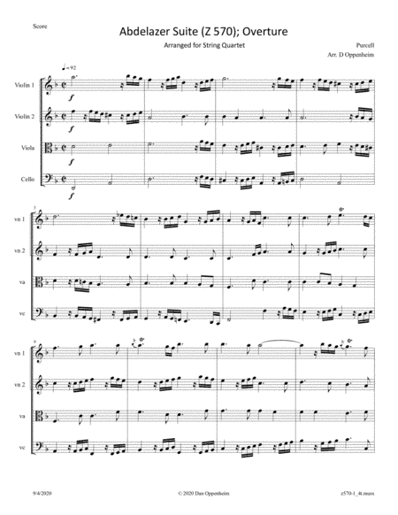 Purcell: Abdelazer Suite (Z 570), Movement 1 (Overture) arr. for String Quartet (arr. Oppenheim, Dan)
