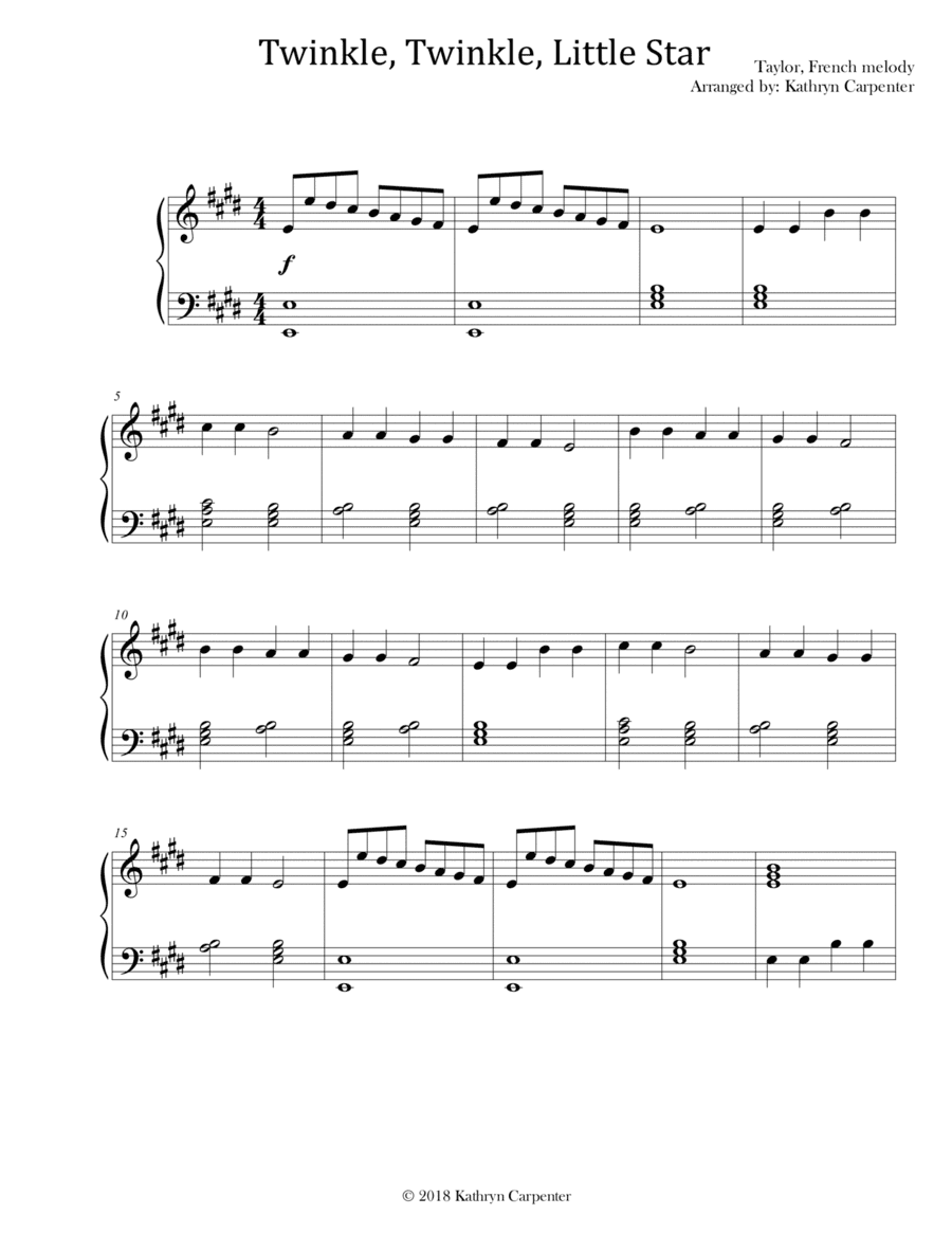 Twinkle, Twinkle, Little Star (Intermediate Piano, Level 3) (arr. Kathryn Carpenter)