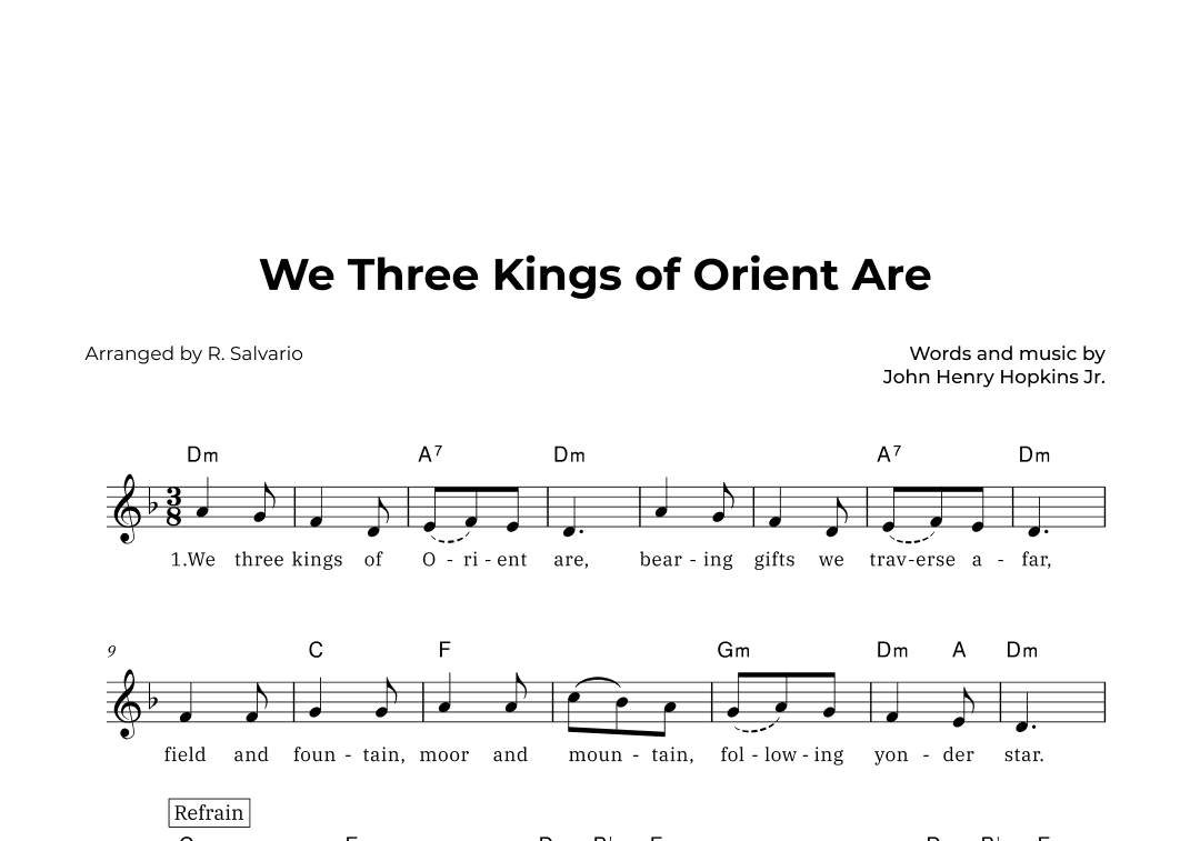 We Three Kings of Orient Are (Key of F Major) (arr. R. Salvario)
