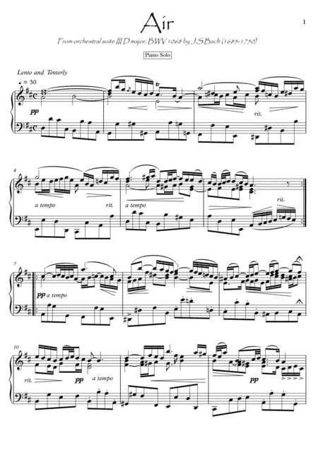 J.S.Bach Air on G String BWV 1068 for piano solo or piano duet (arr. PianoSheetNow)
