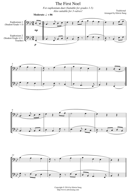 The First Noel (for euphonium(bass clef, 3 or 4 valved) duet, suitable for grades 1-5) (arr. Edwin Sung)